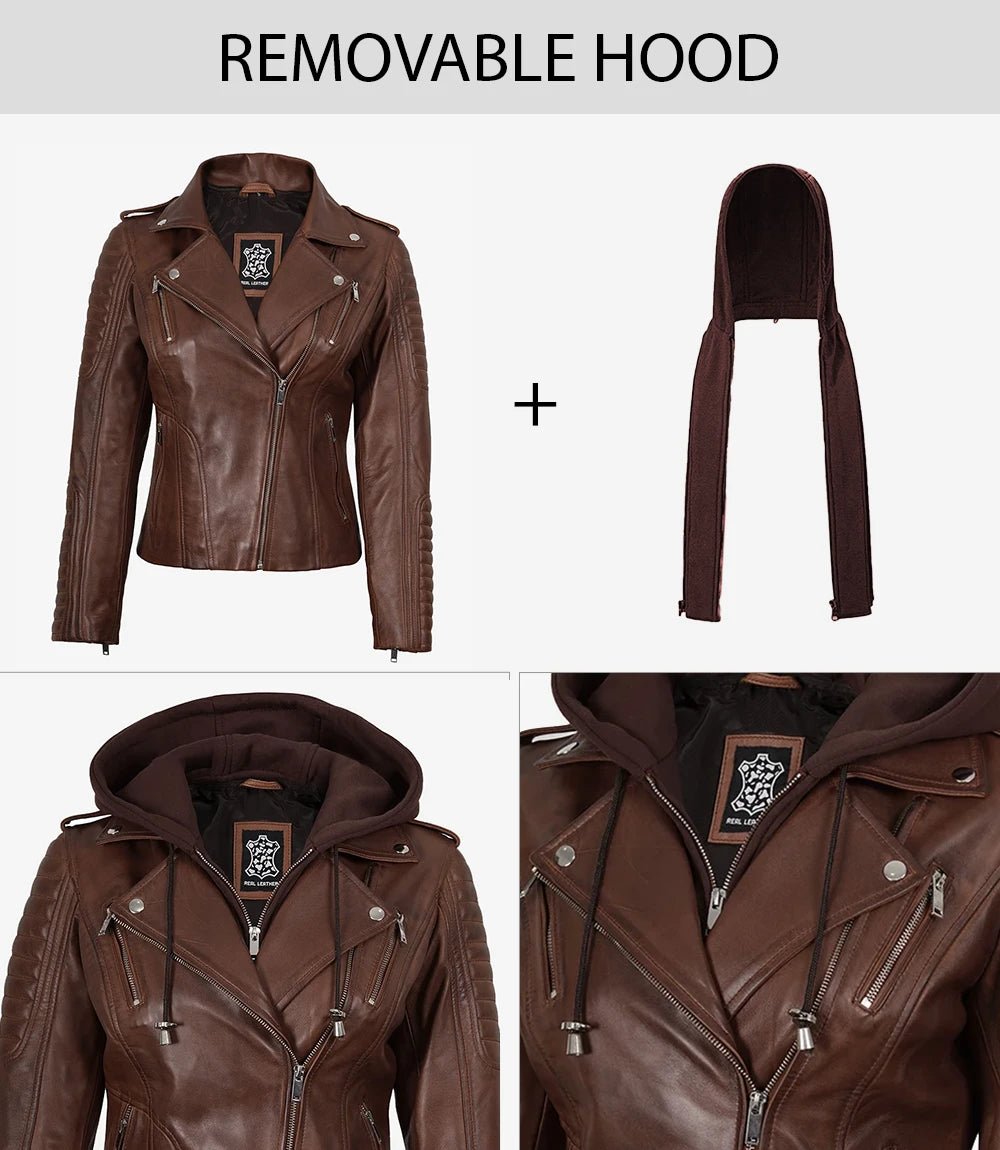 Bagheria Womens Cognac Biker Style Leather Jacket With Removable Hood - Image 2