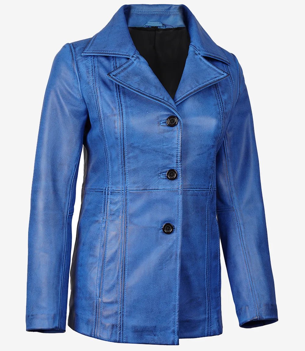 Katie Women's Blue 3/4 Length Leather Car Coat - Image 5