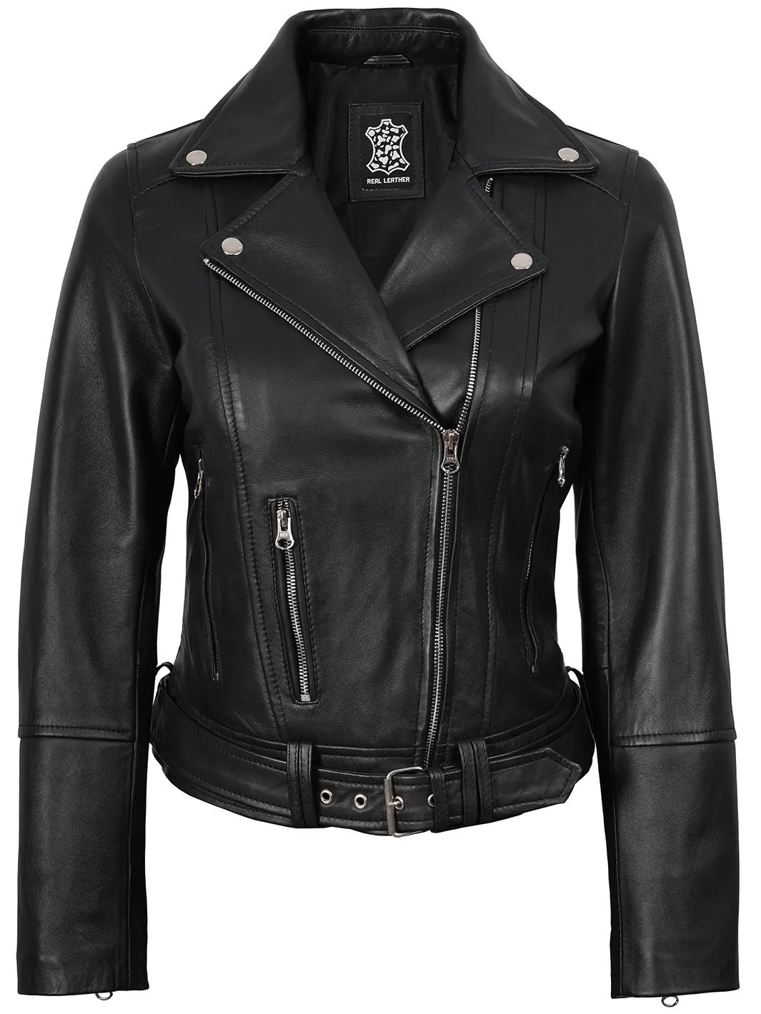 Womens Asymmetrical Black Biker Style Leather Jacket - Image 4