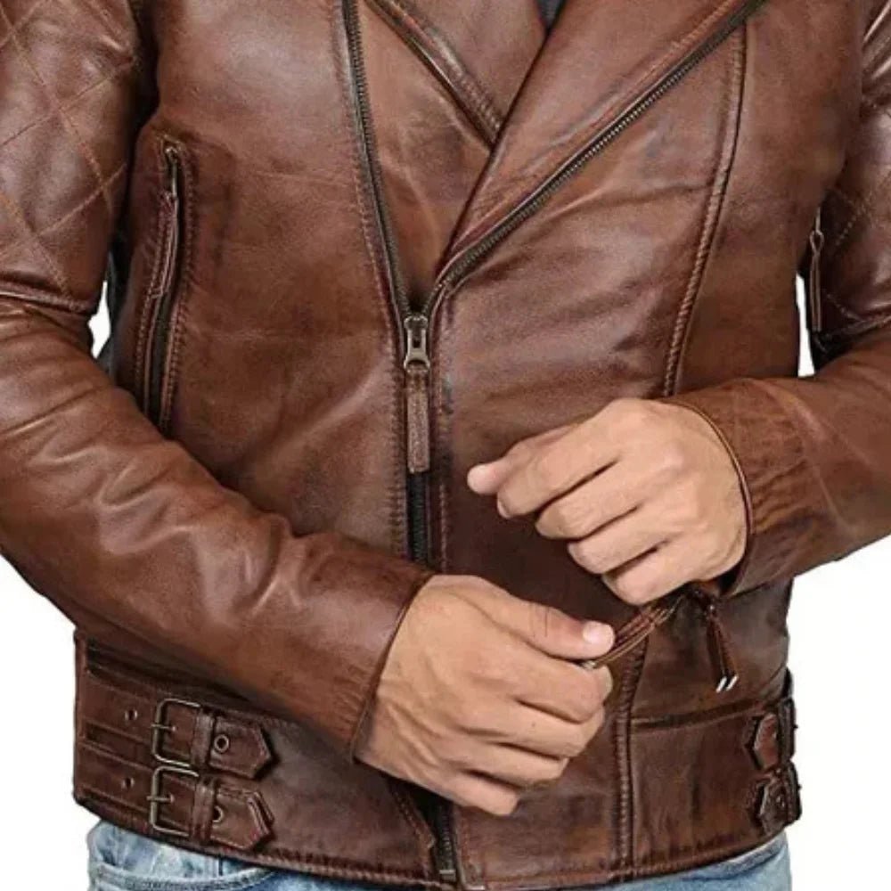 Men's Brando Brown Quilted Leather Biker Jacket - Image 6