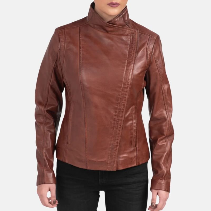 Womens Asymmetrical Dark Brown Leather Biker Jacket - Image 2