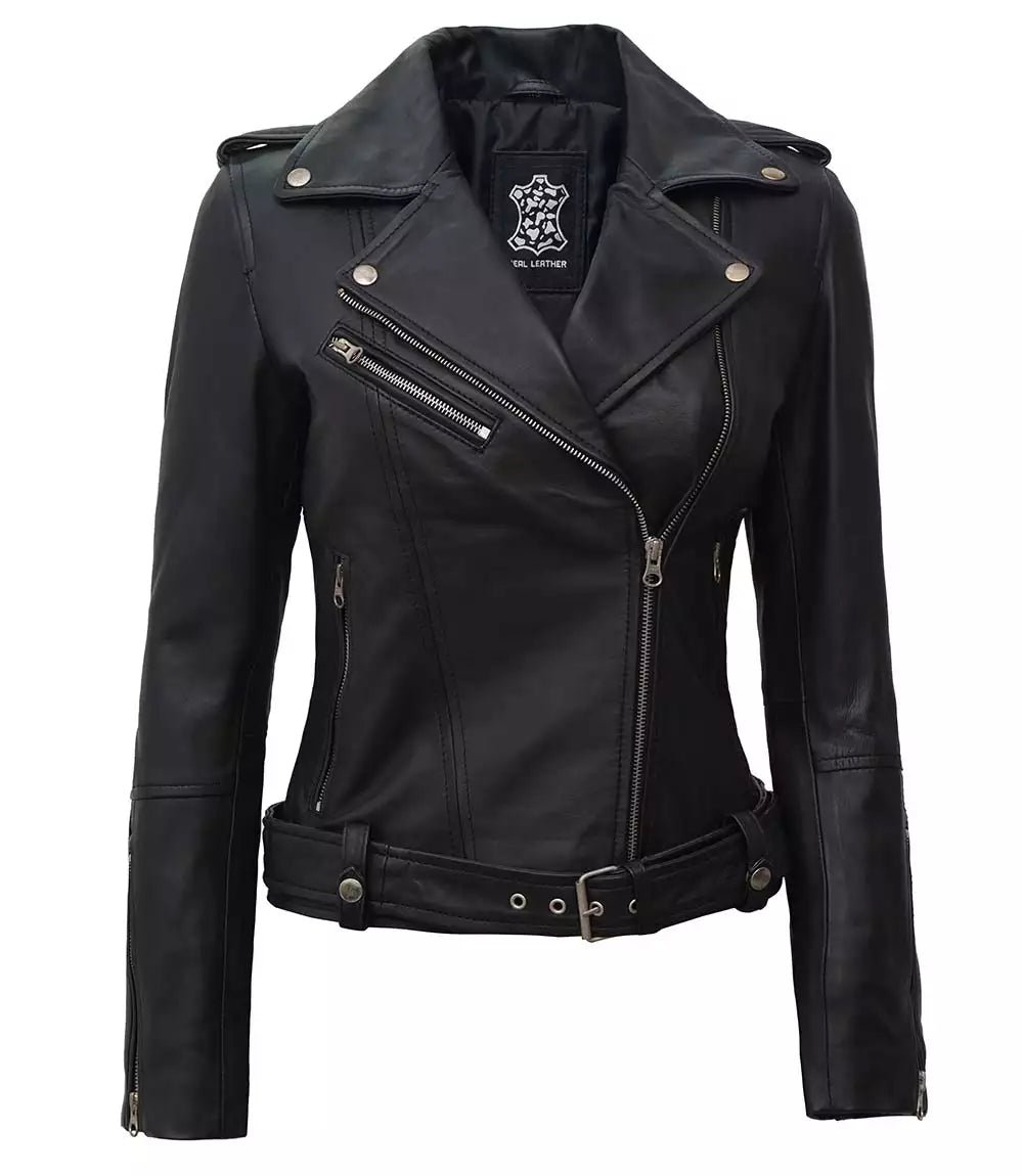 Womens Black Asymmetrical Lambskin Leather Jacket - Image 3