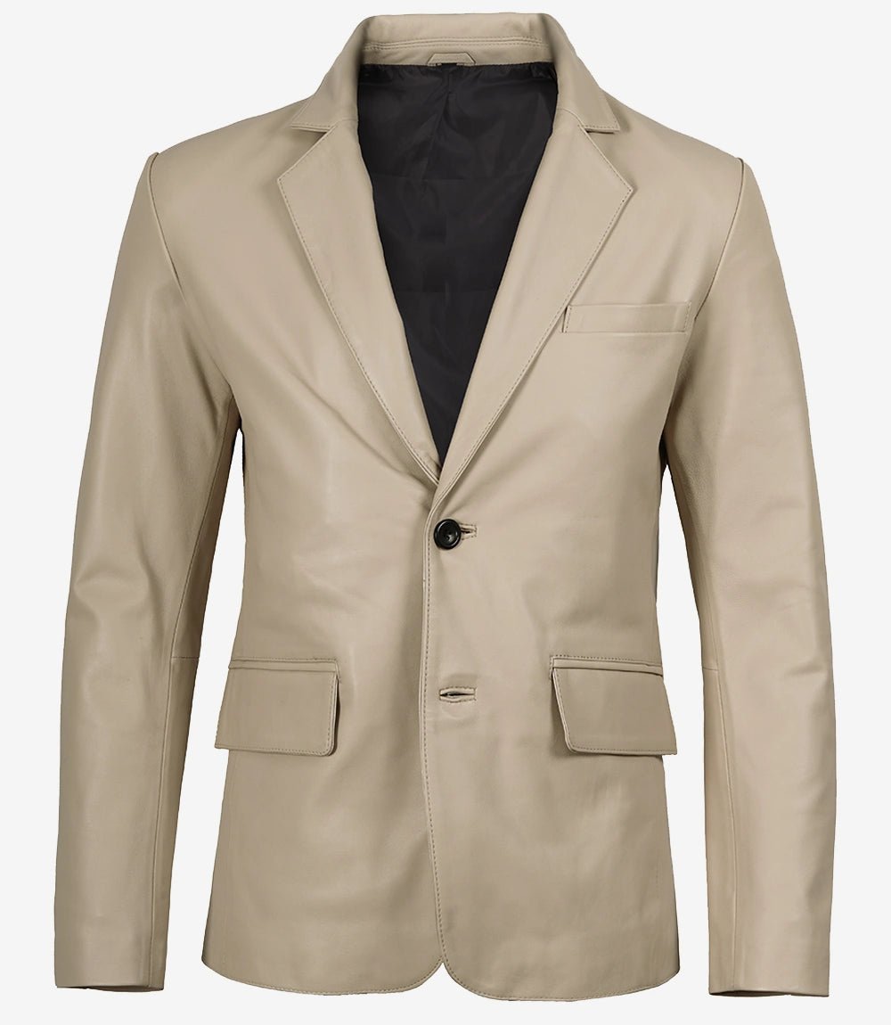 Men's Beige Lambskin Two-Button Leather Blazer - Image 4