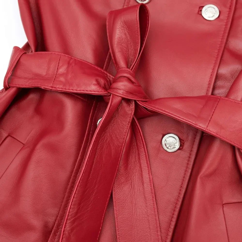 Women’s Red Double-Breasted Leather Coat - Image 3