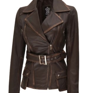 beltedbrownleatherjacketwomen