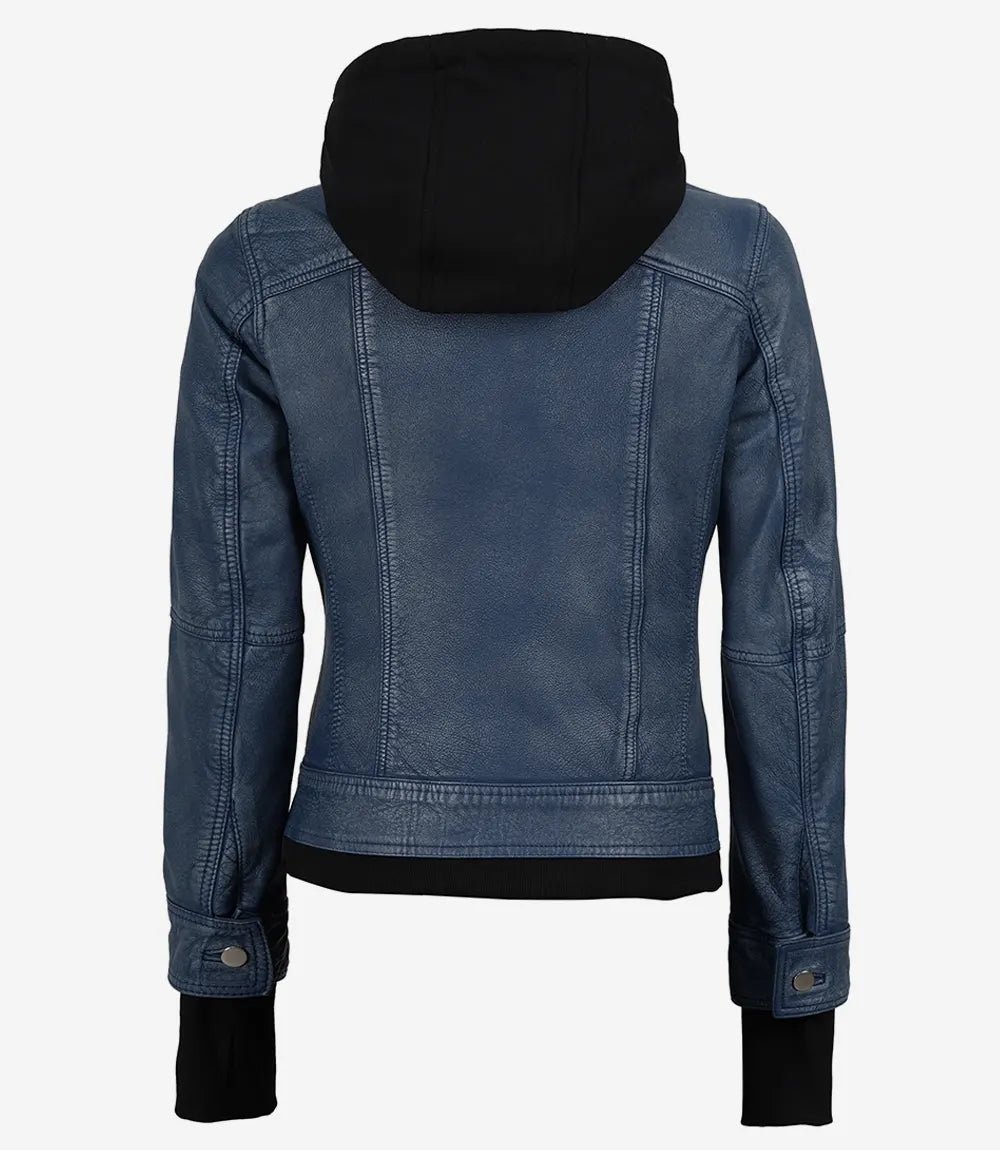 Women's Blue Leather Jacket with Removable Hood - Washed Denim Look - Image 6