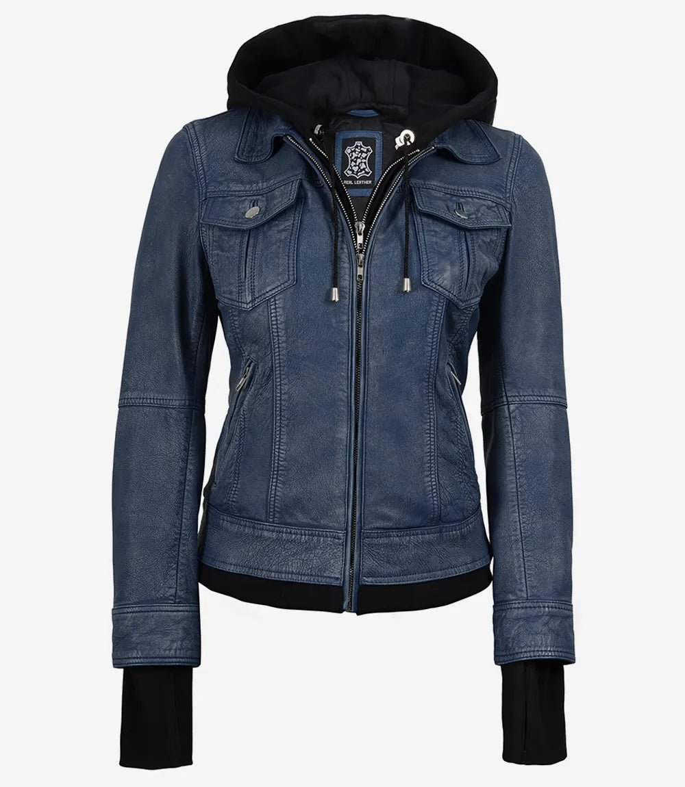 Women's Blue Leather Jacket with Removable Hood - Washed Denim Look - Image 3