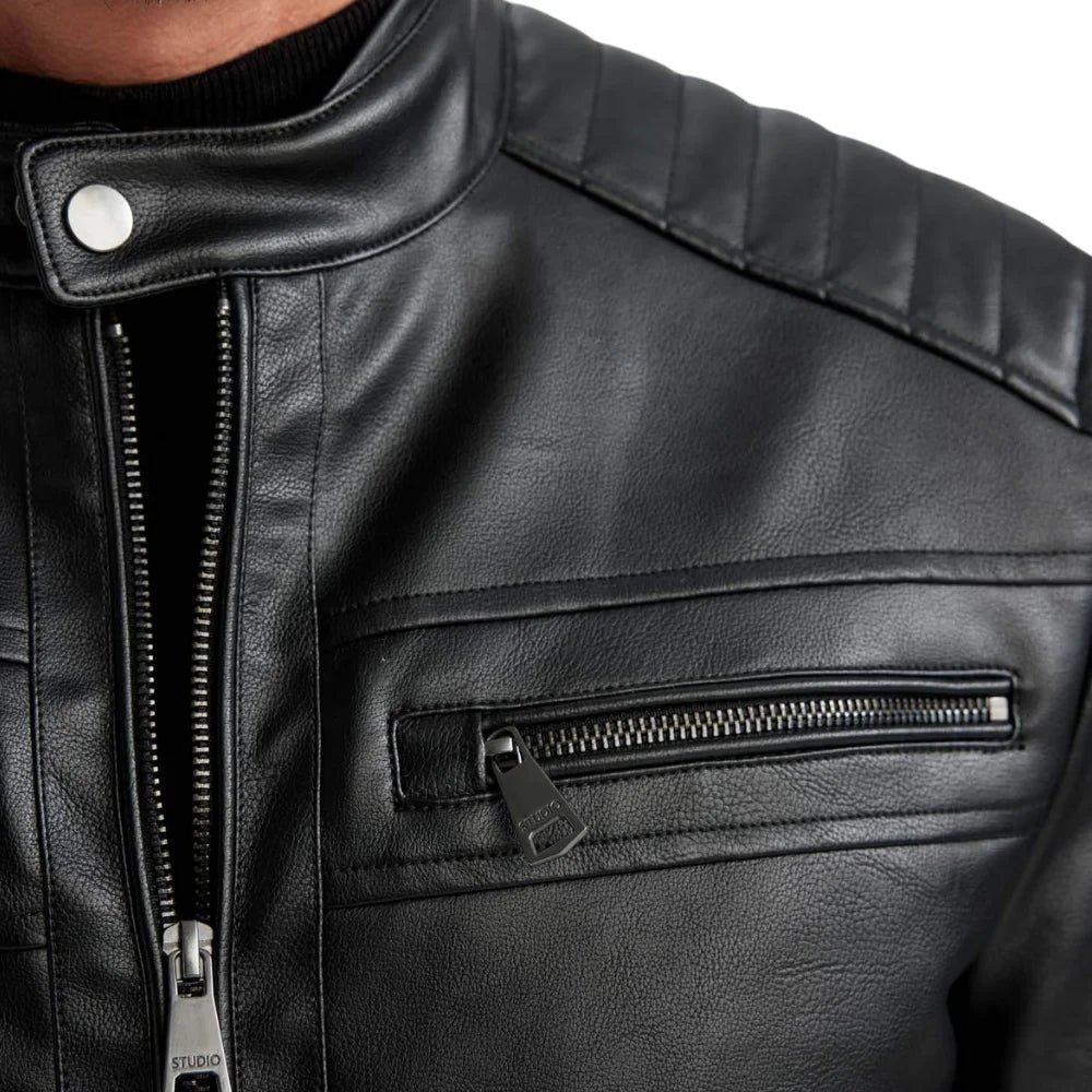 Men's Black Quilted Biker Leather Jacket - Image 2