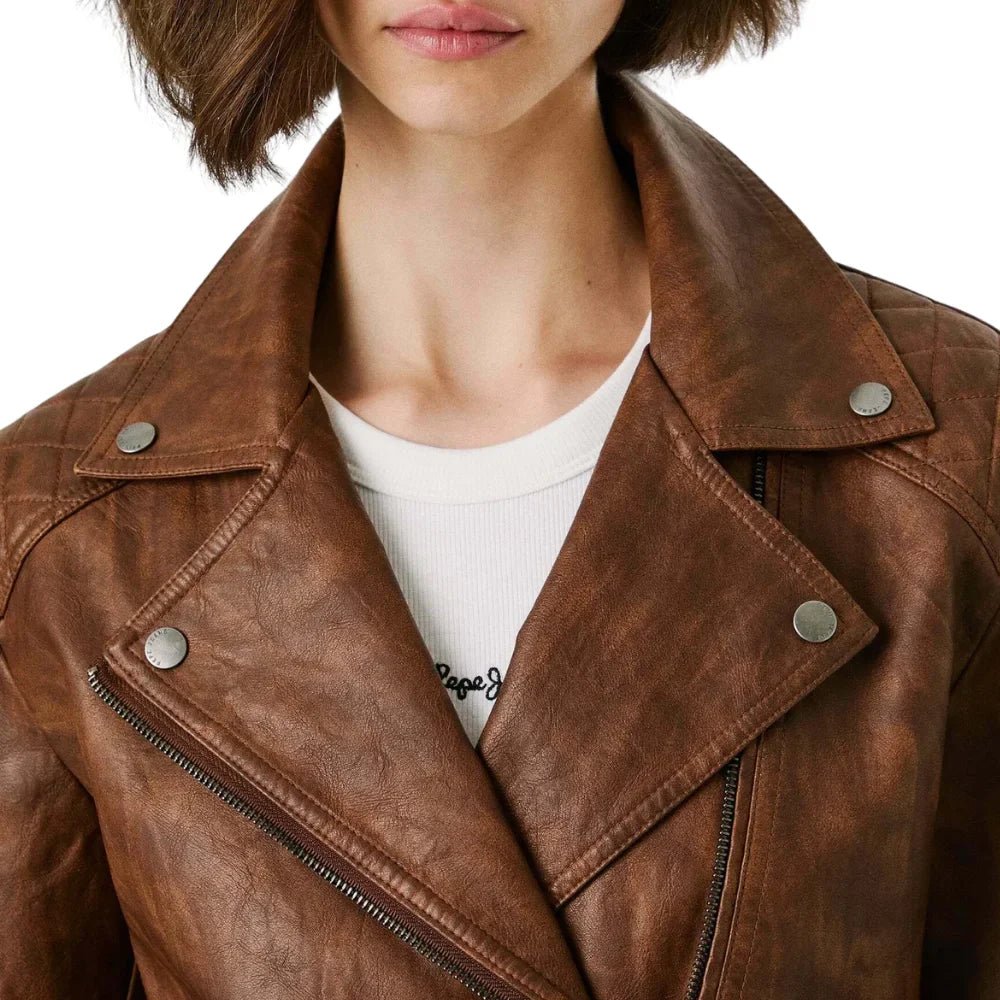Women’s Brown Quilted Leather Moto Jacket - Image 2