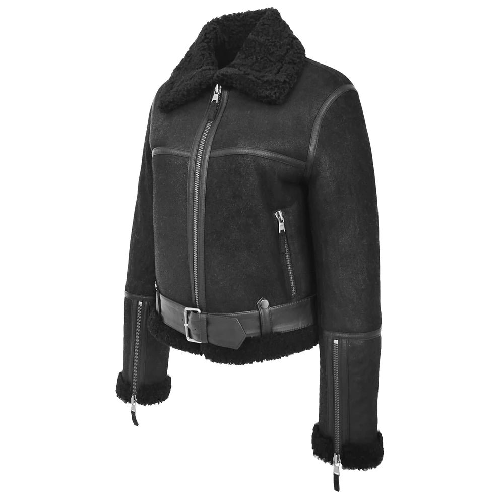 Women’s Black Sheepskin Belted Aviator Jacket - Image 2