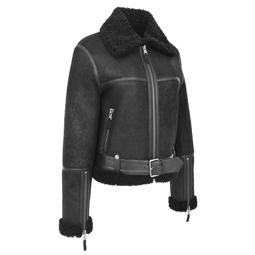 Women’s Black Sheepskin Belted Aviator Jacket - Image 4