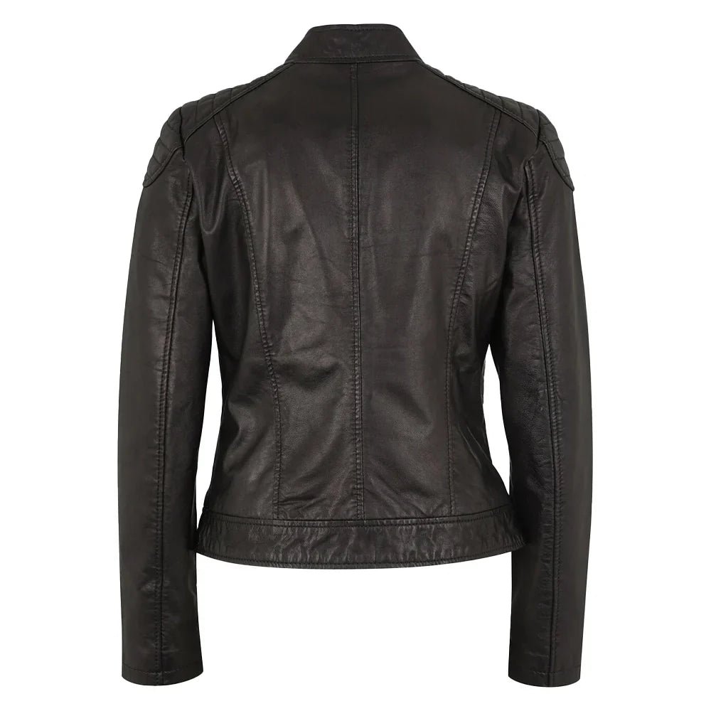 Tall Women’s Black Nubuck Cowhide Biker Jacket with High Collar - Image 5