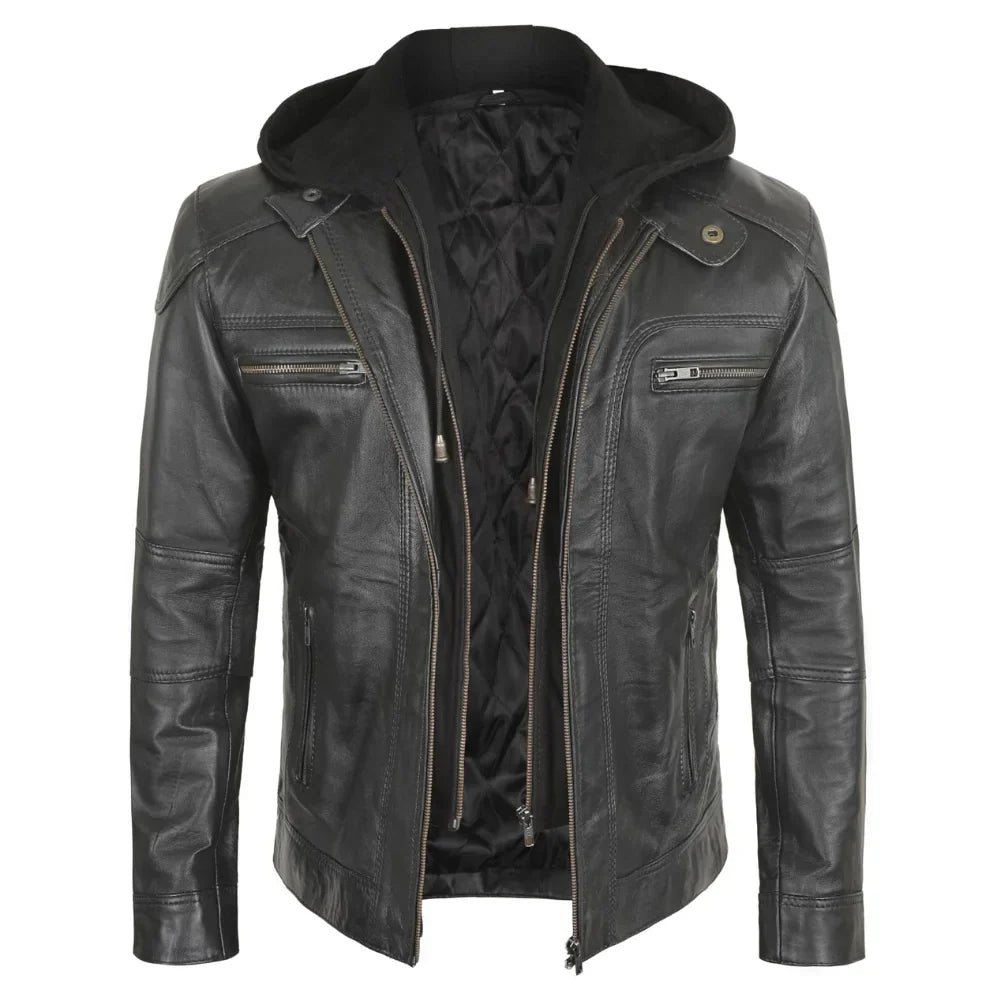 Men’s Tall Black Leather Biker Jacket with Removable Hood - Image 4