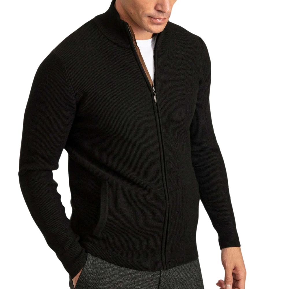 Men's Black Full Zip Through Cardigan Knit Jacket - Image 4
