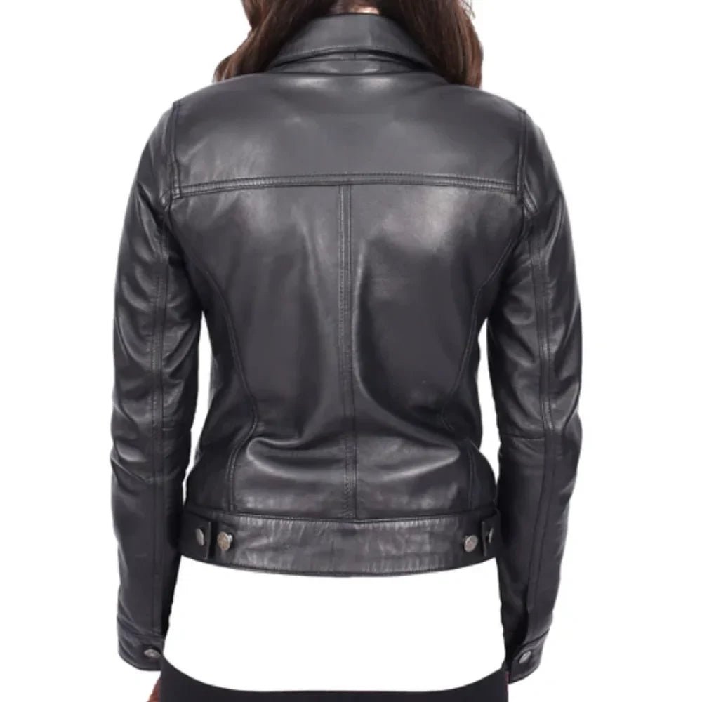 Women’s Classic Black Leather Trucker Jacket - Image 6