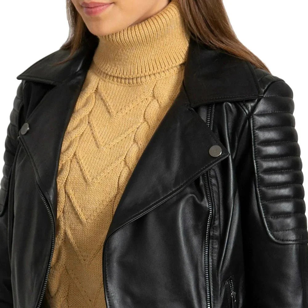 Black Quilted Leather Biker Jacket Women - Image 2