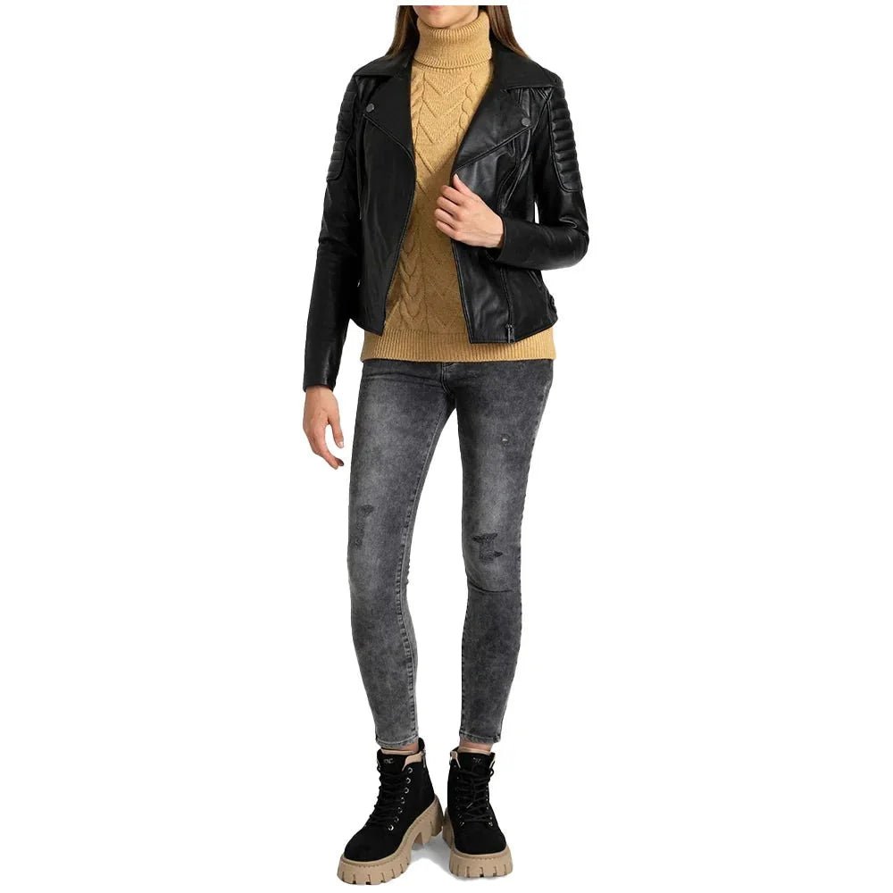 Black Quilted Leather Biker Jacket Women - Image 5