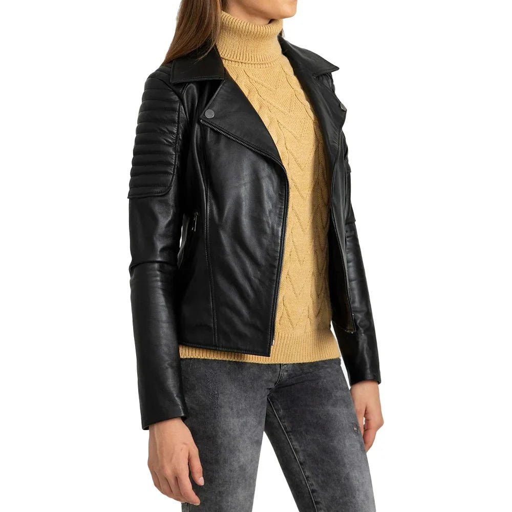 Black Quilted Leather Biker Jacket Women - Image 4
