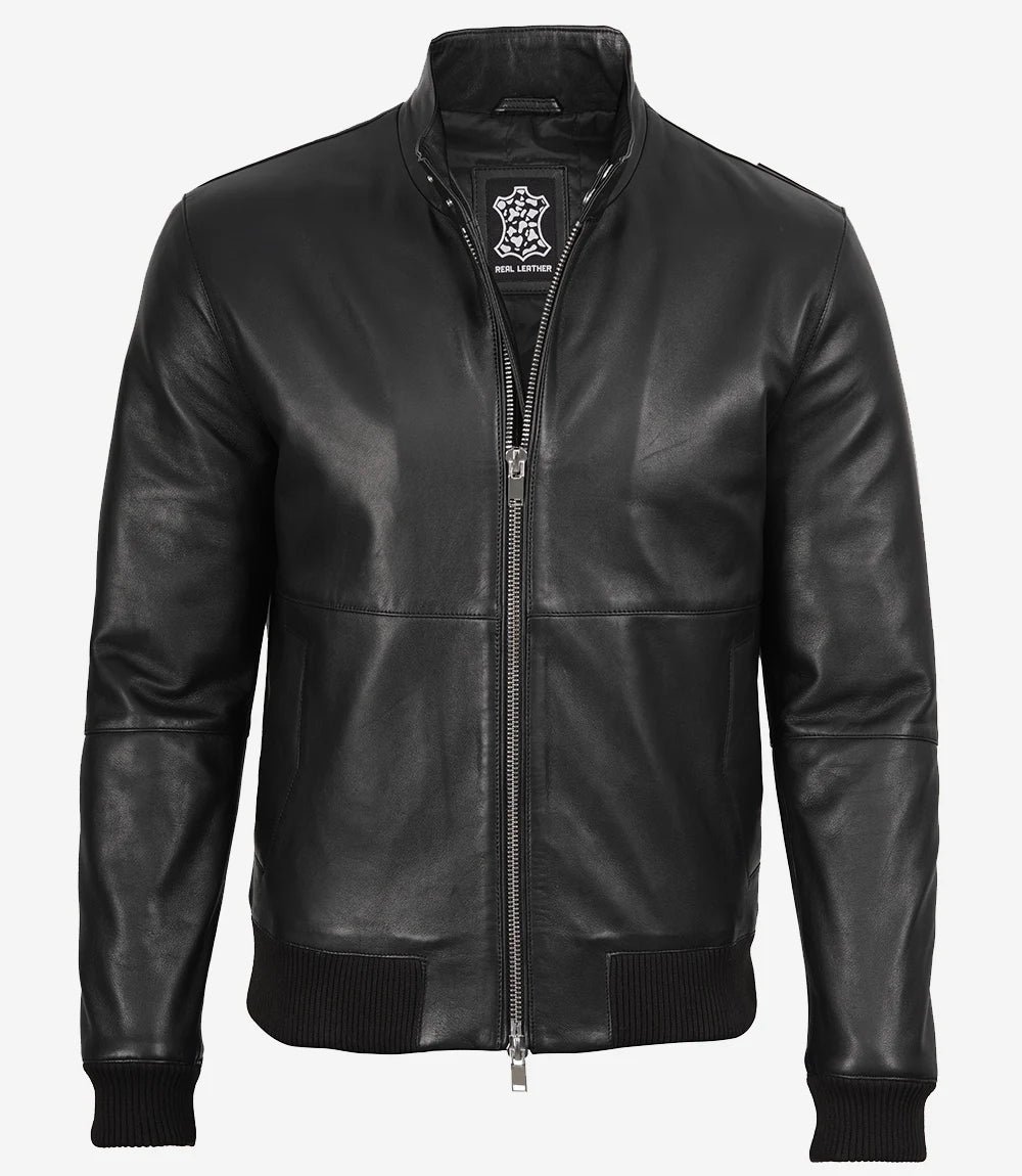 Men's Black Semi-Aniline Lambskin Leather Bomber Jacket - Image 4