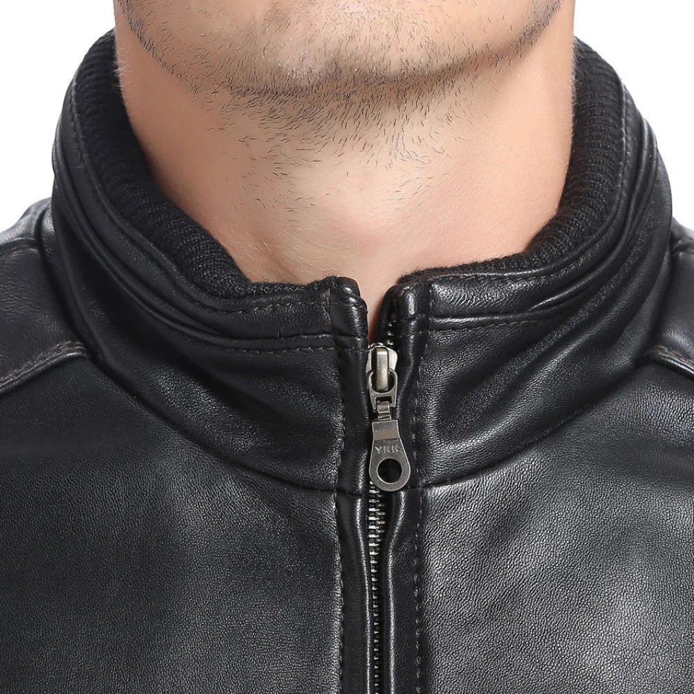 Men’s Tall Black Lambskin Leather Bomber Jacket - Image 2