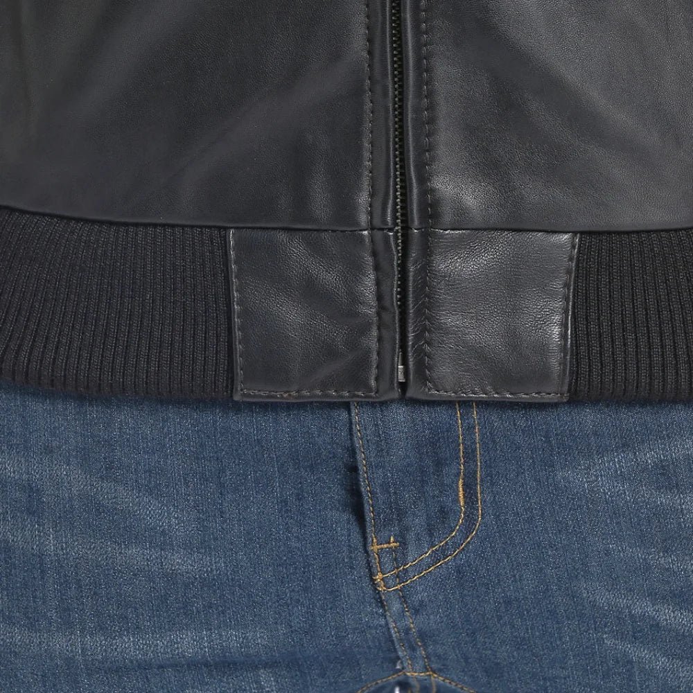 Men’s Tall Black Lambskin Leather Bomber Jacket - Image 6