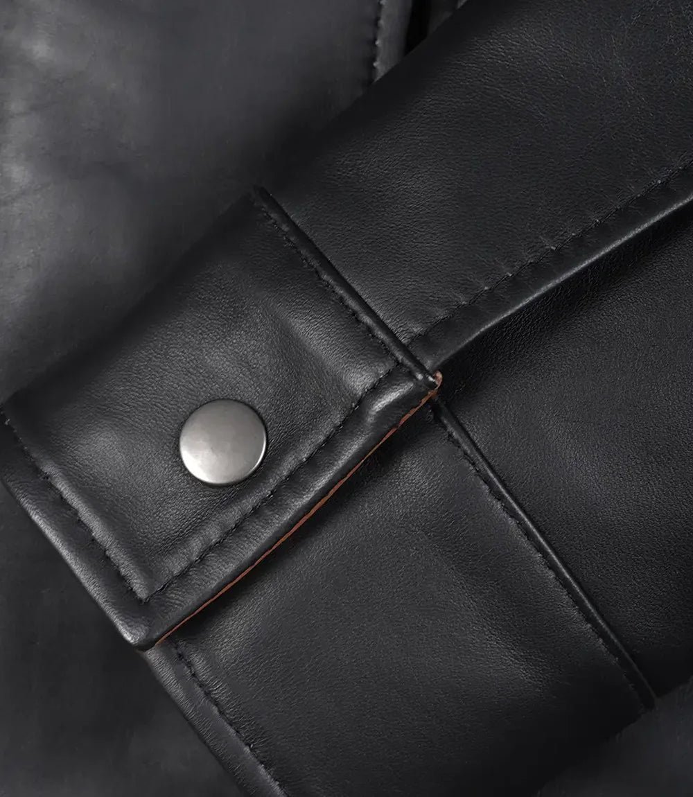 Women's Black Leather Jacket with Brown Contrast Collar - Image 6