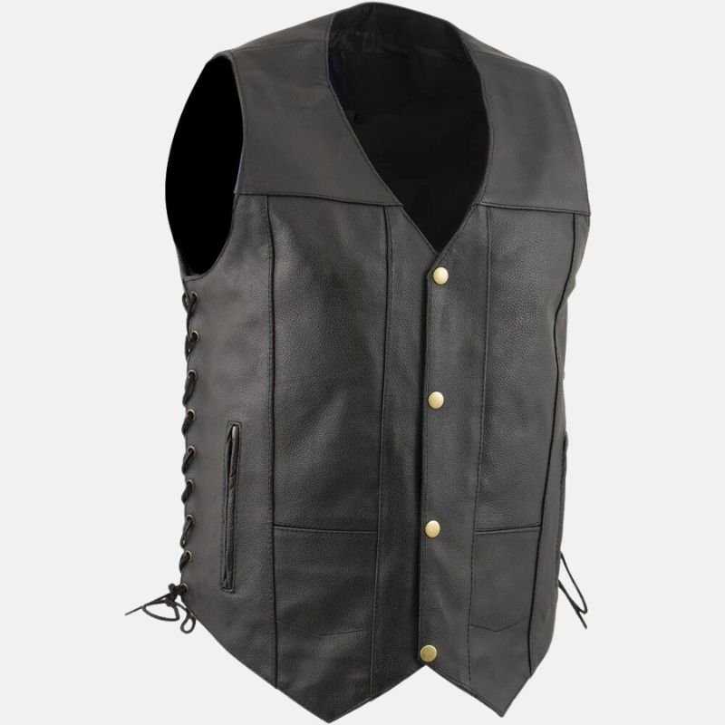 Men’s Black Cowhide Motorcycle Vest with Side Laces