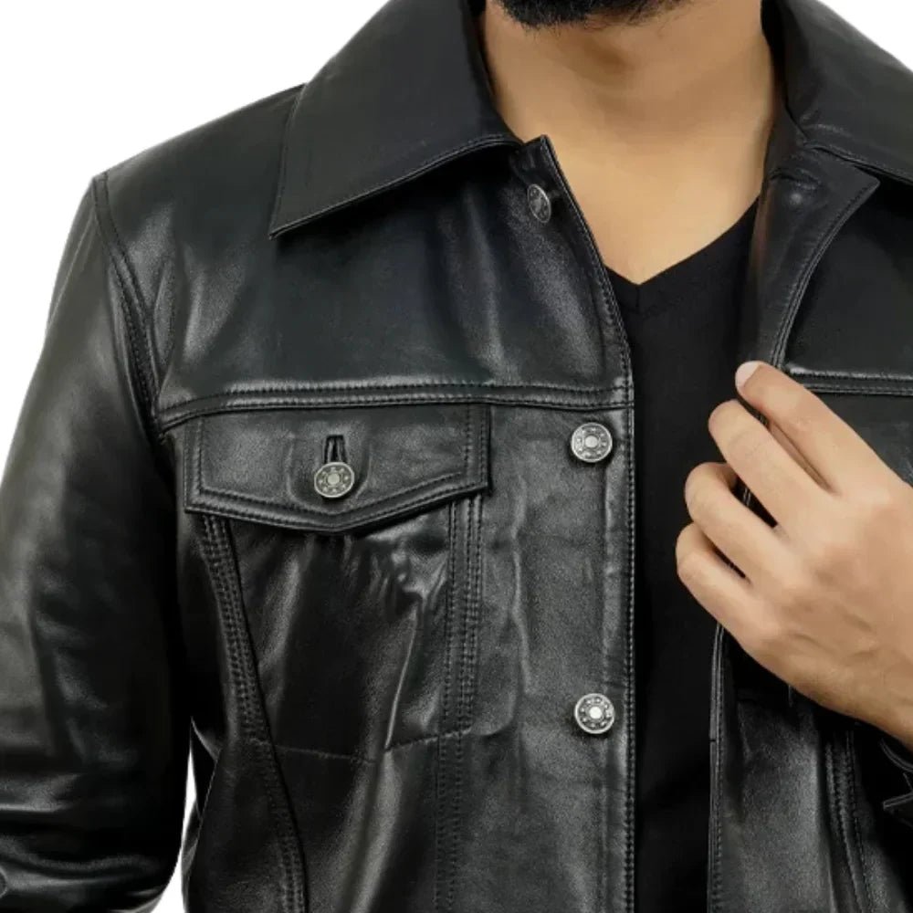 Men’s Tall Black Leather Trucker Jacket with Shirt Collar - Image 2