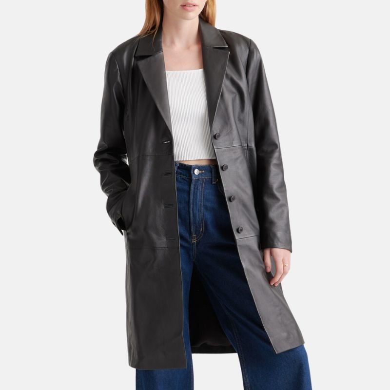 Black Long Leather Trench Coat Womens - Image 3