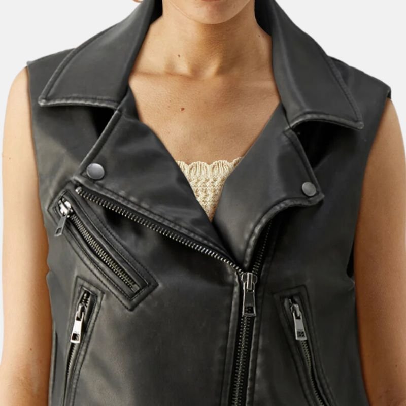 Black Motorcycle Leather Vest Womens - Image 2