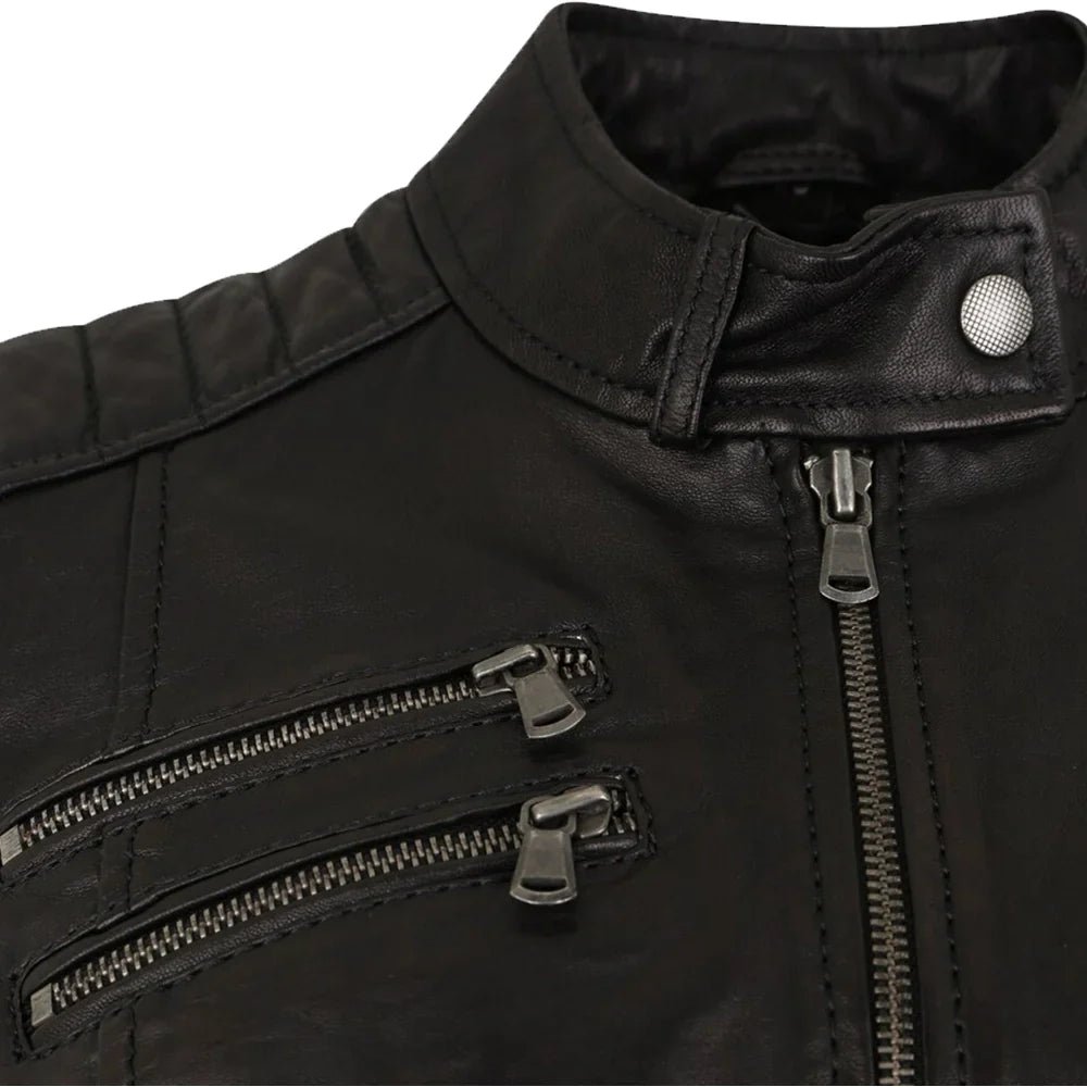 Tall Women’s Black Nubuck Cowhide Biker Jacket with High Collar - Image 2