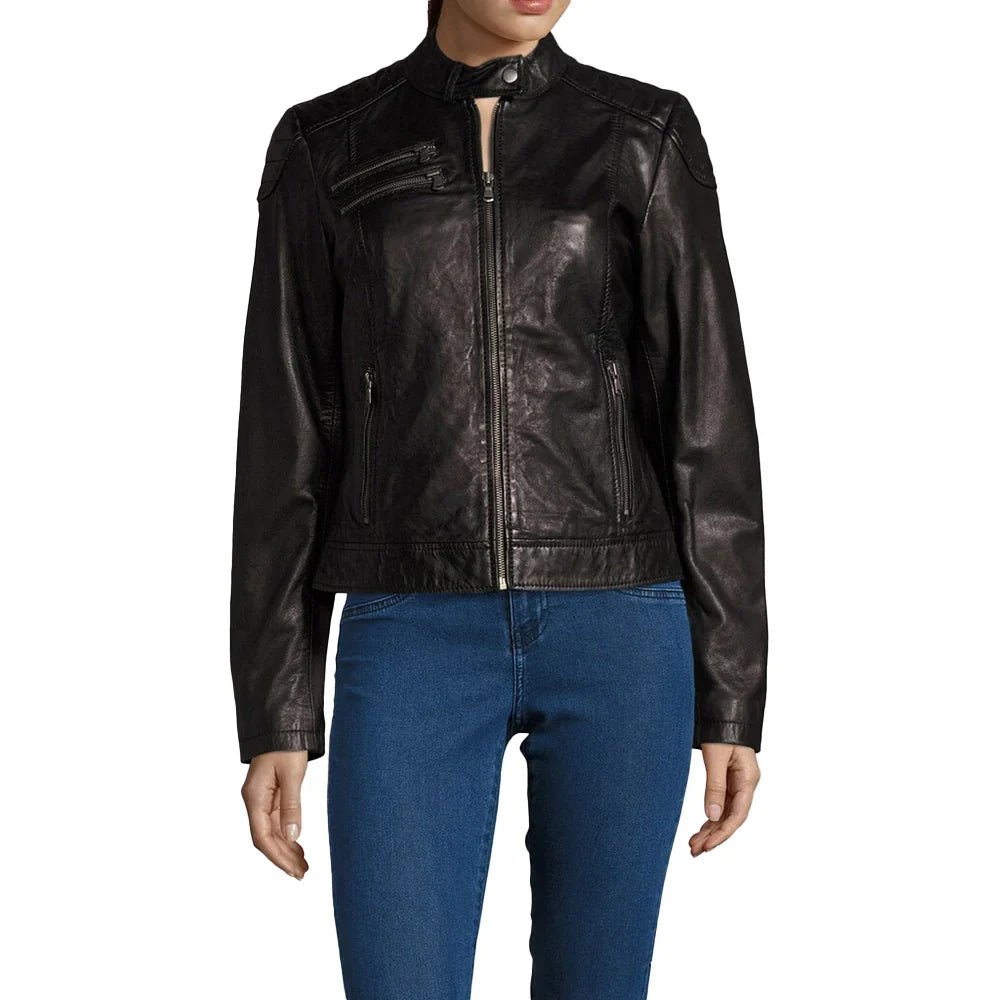 Tall Women’s Black Nubuck Cowhide Biker Jacket with High Collar - Image 3