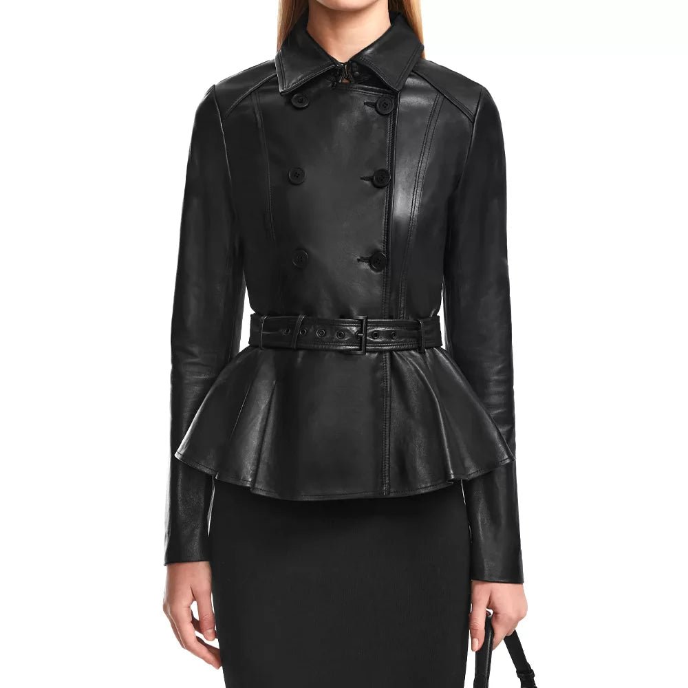 Women's Black Leather Peplum Jacket - Image 4