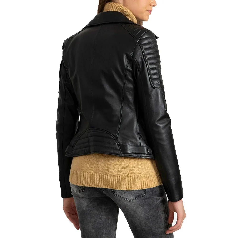 Black Quilted Leather Biker Jacket Women - Image 6