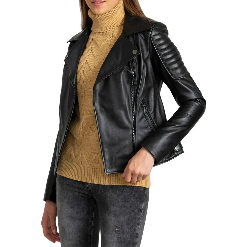 Black Quilted Leather Biker Jacket Women - Image 3