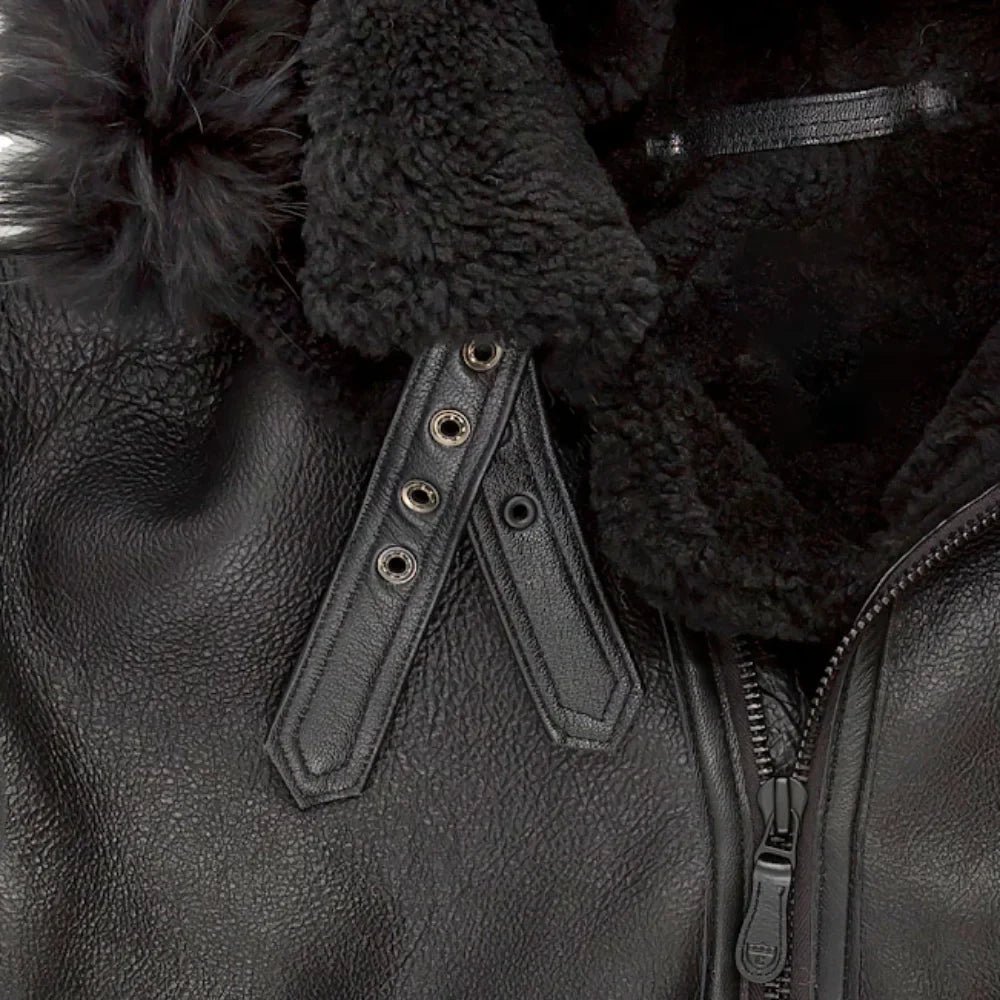 Men’s Black Hooded Shearling Leather Bomber Jacket - Image 2