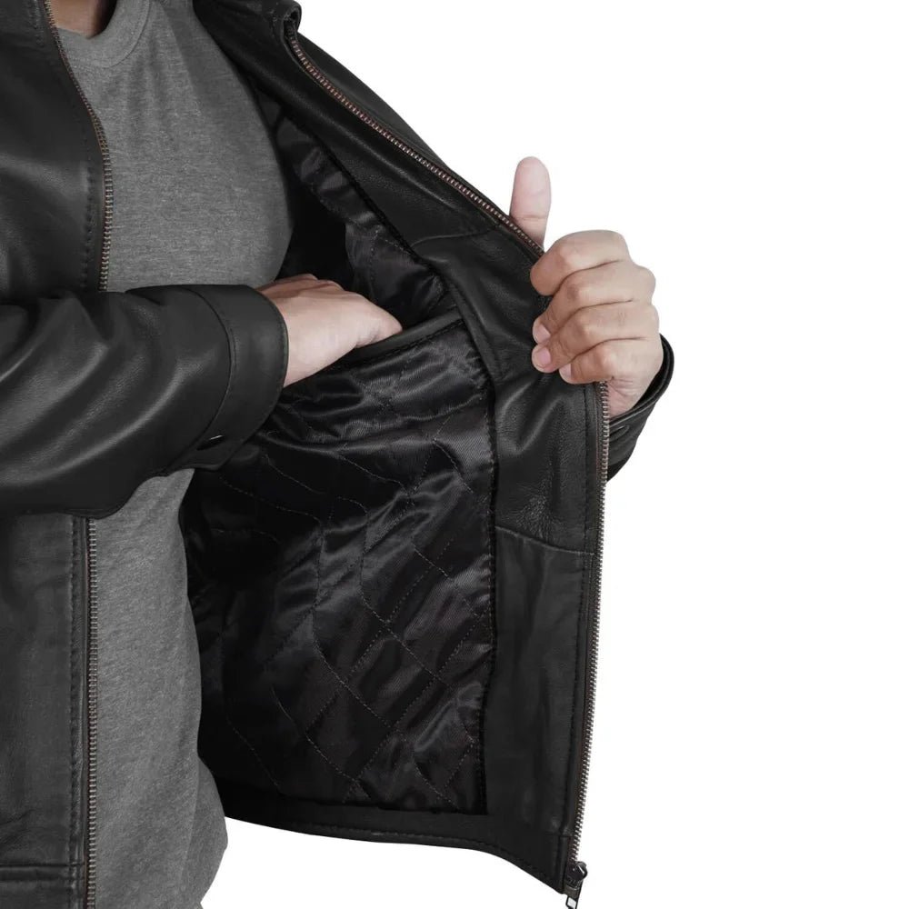 Men’s Black Leather Harrington Jacket with Shirt Collar - Image 3