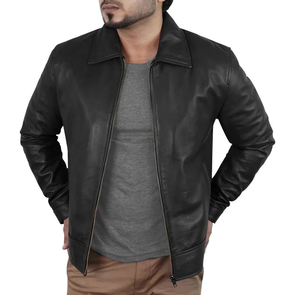 Men’s Black Leather Harrington Jacket with Shirt Collar - Image 2