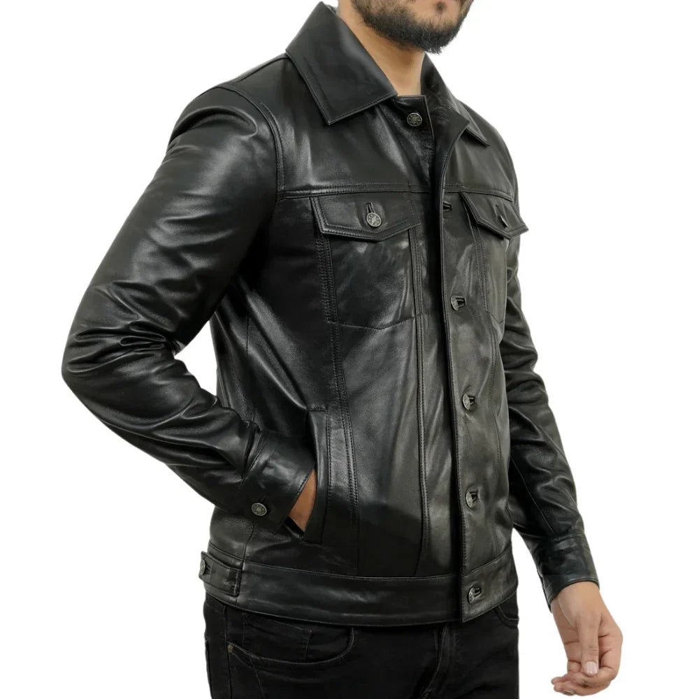 Men’s Tall Black Leather Trucker Jacket with Shirt Collar - Image 4