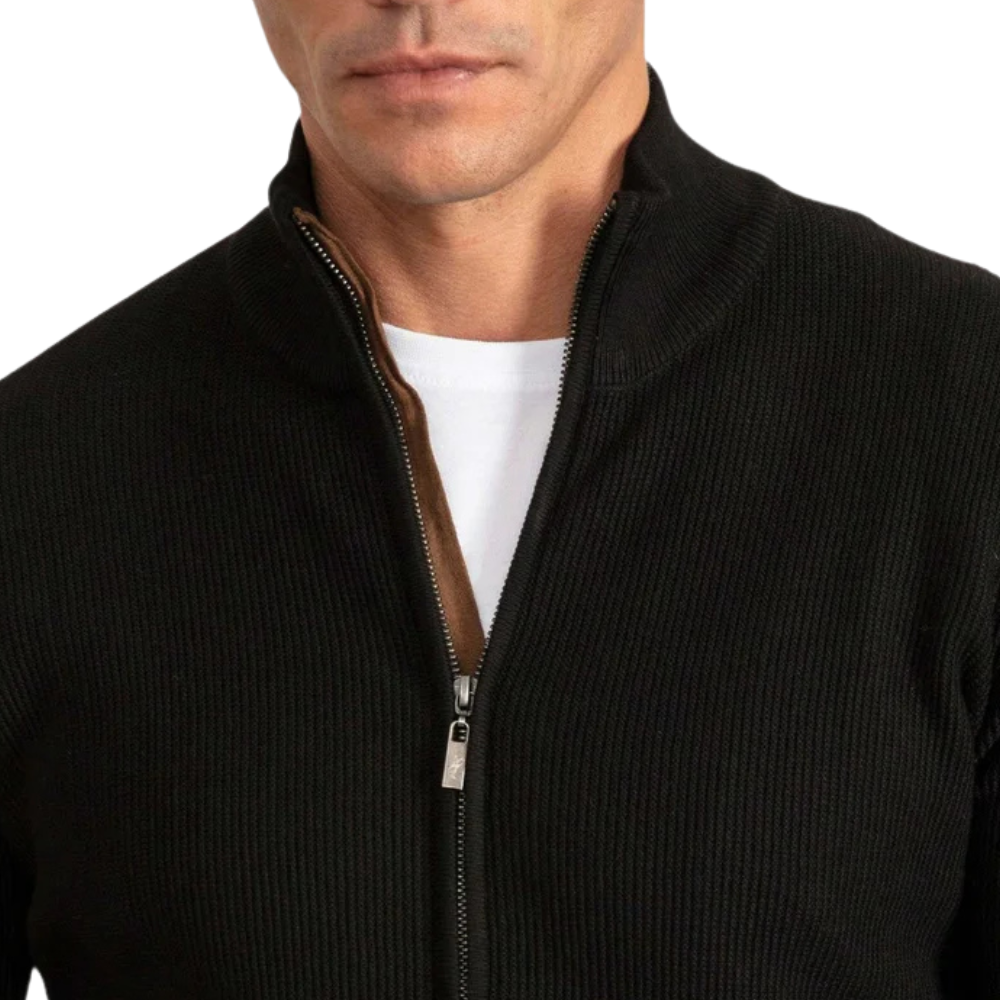 Men's Black Full Zip Through Cardigan Knit Jacket - Image 2