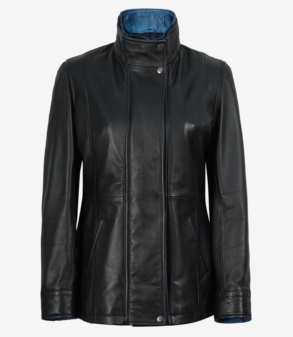 Erin Women's Black Leather Jacket with Blue Inner Lapel - Image 5