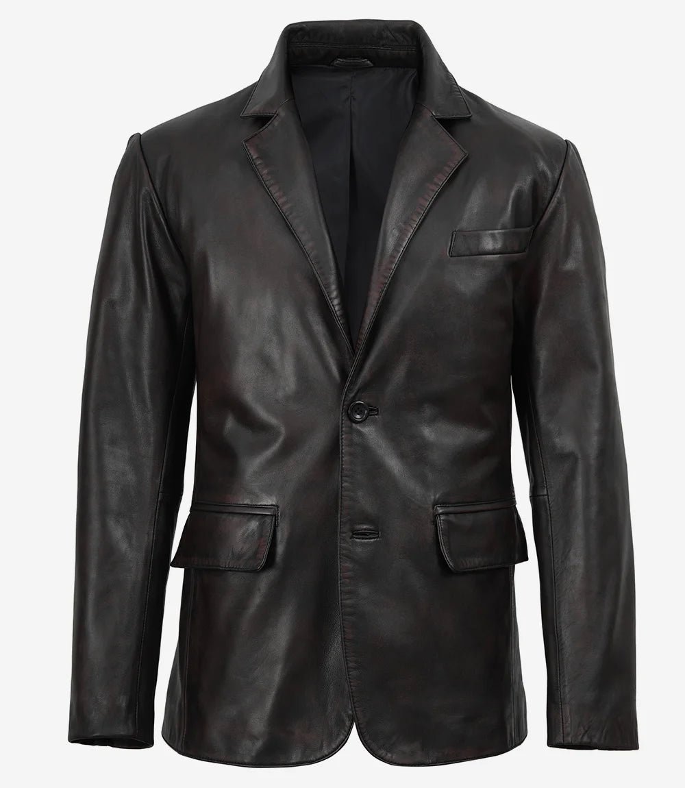 Men's Black Leather Blazer, Maroon Distressed Lambskin - Image 4