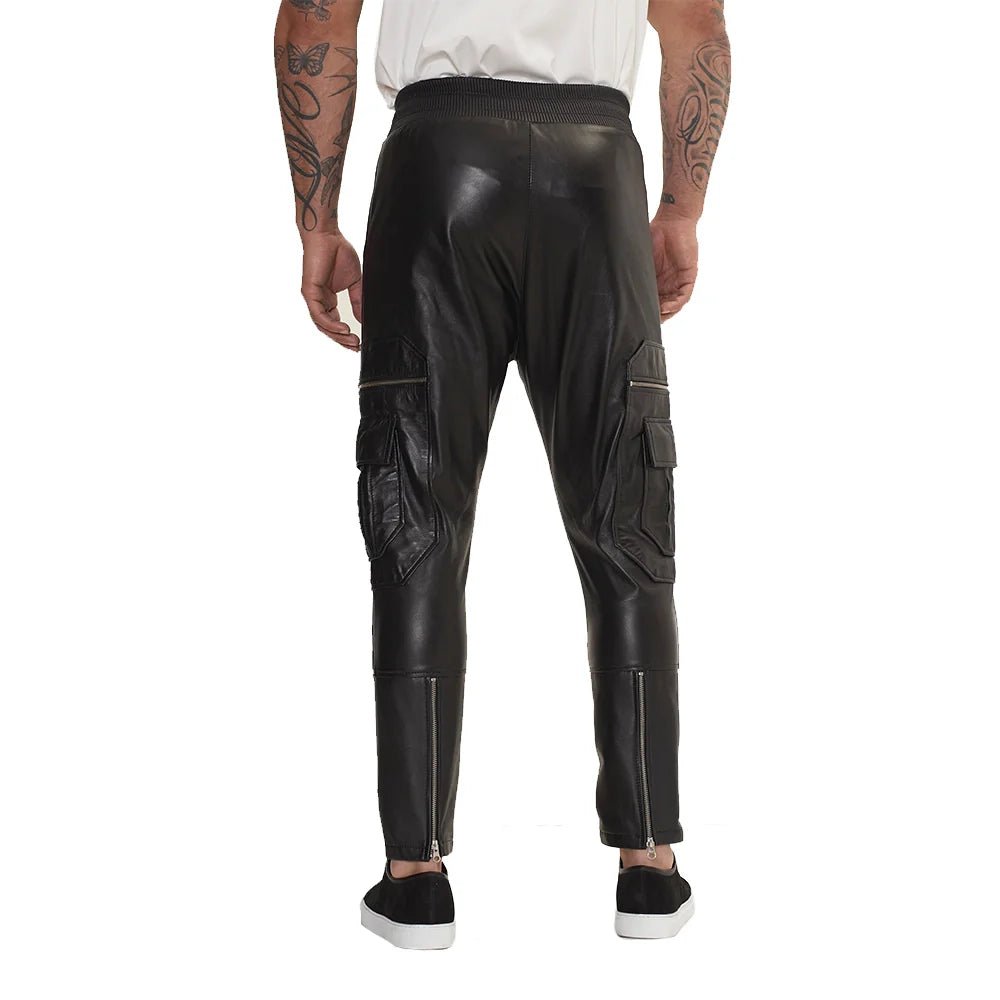 Men’s Black Cargo Leather Jogger Pants - Image 4
