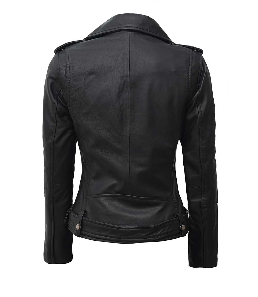 Womens Black Asymmetrical Lambskin Leather Jacket - Image 2