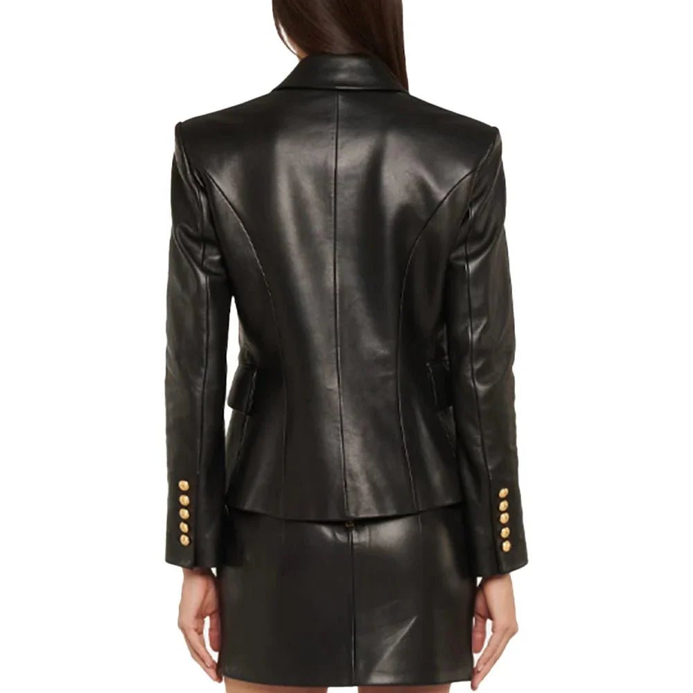 Womens Kim Double Breasted Black Leather Blazer - Image 5