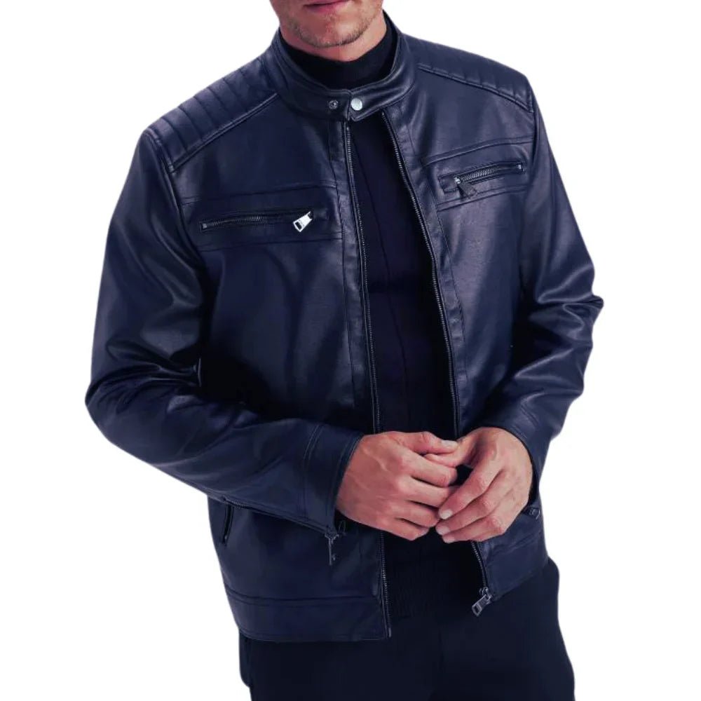Men’s Tall Electric Blue Quilted Leather Cafe Racer Jacket - Image 4