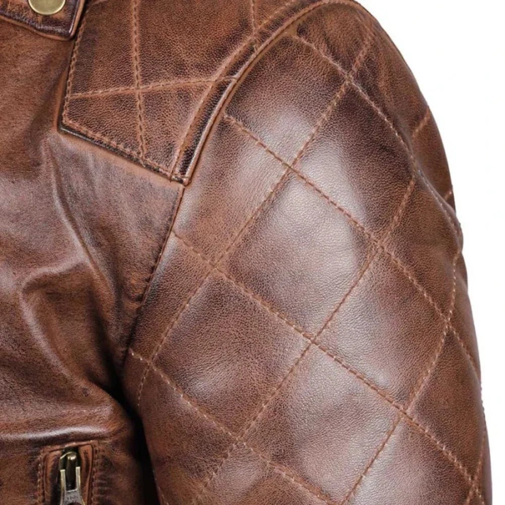 Men's Brando Brown Quilted Leather Biker Jacket - Image 5