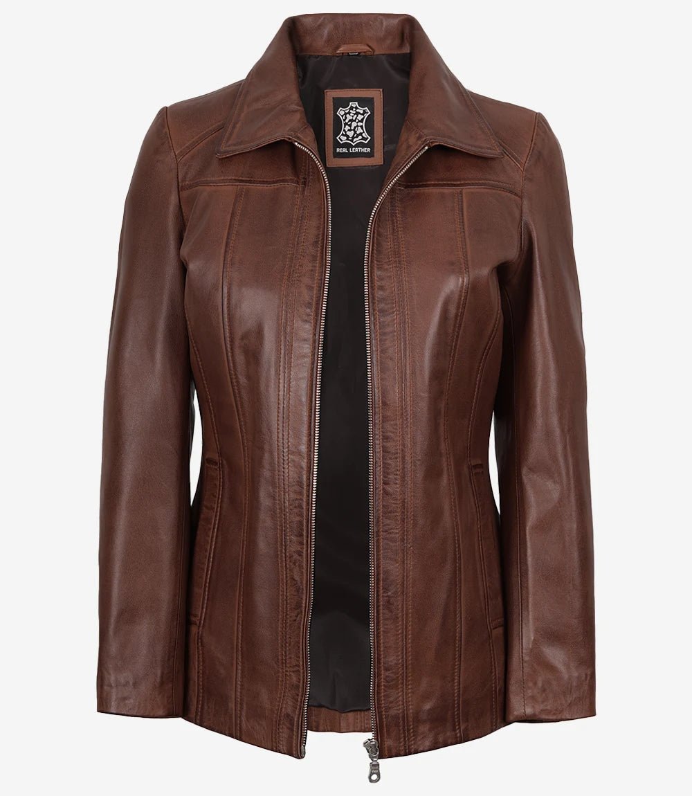 Marsha Women's Real Leather Cognac Brown Car Coat - Image 3