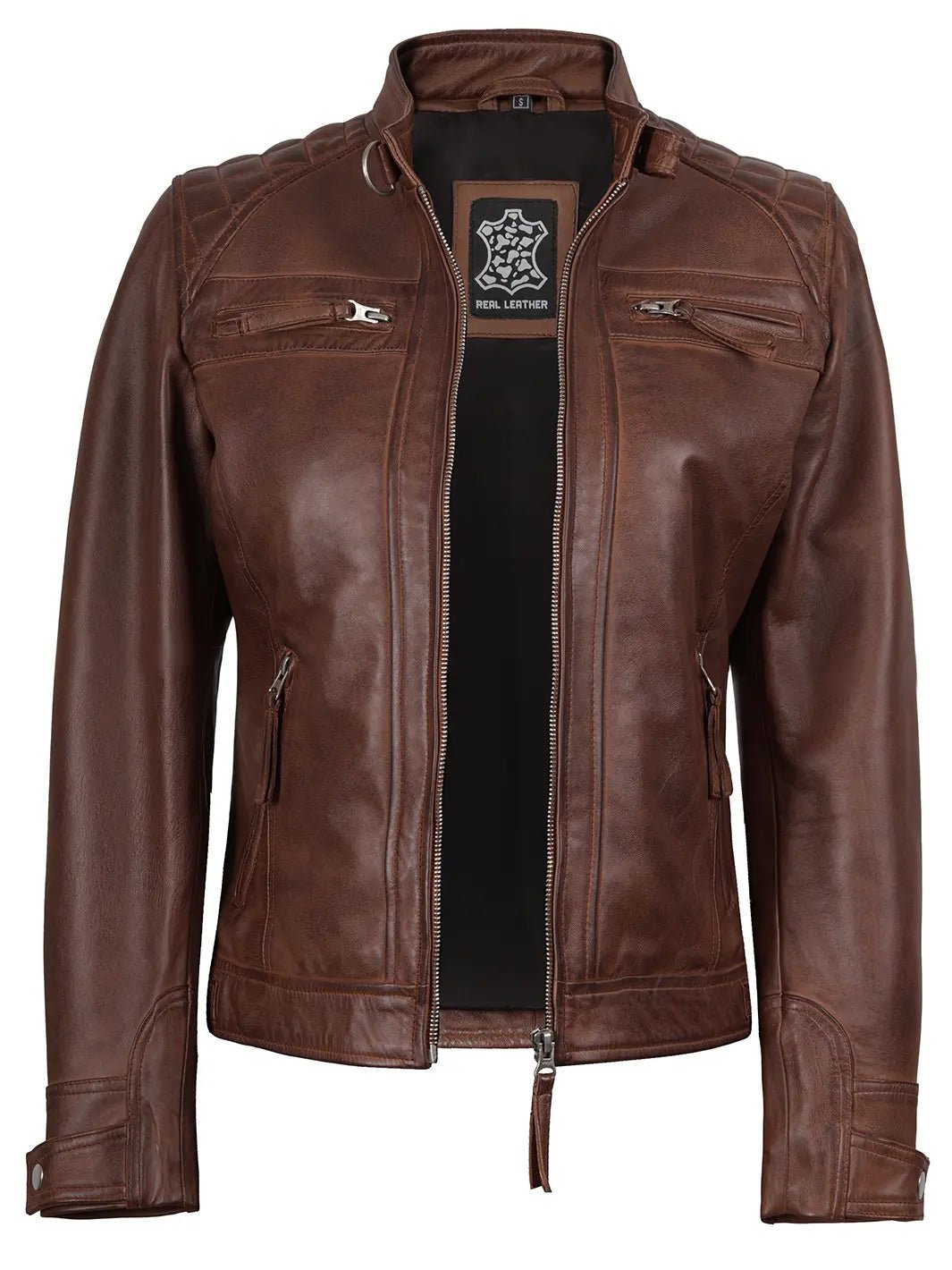 Women's Cognac Brown Leather Cafe Racer Jacket - Image 3