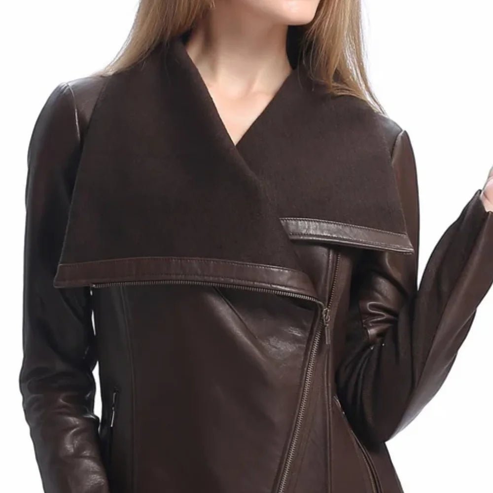 Women's Brown Wool and Leather Drape Collar Jacket - Image 2
